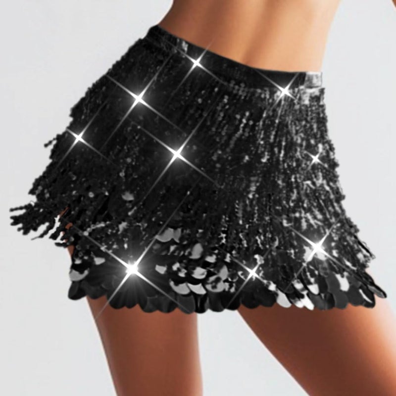 Brishow Christmas Sequin Fringe Skirt, Sparkly Tassel Belly Dance Hip Scarf Wrap Mini Skirt for Women - Image 3